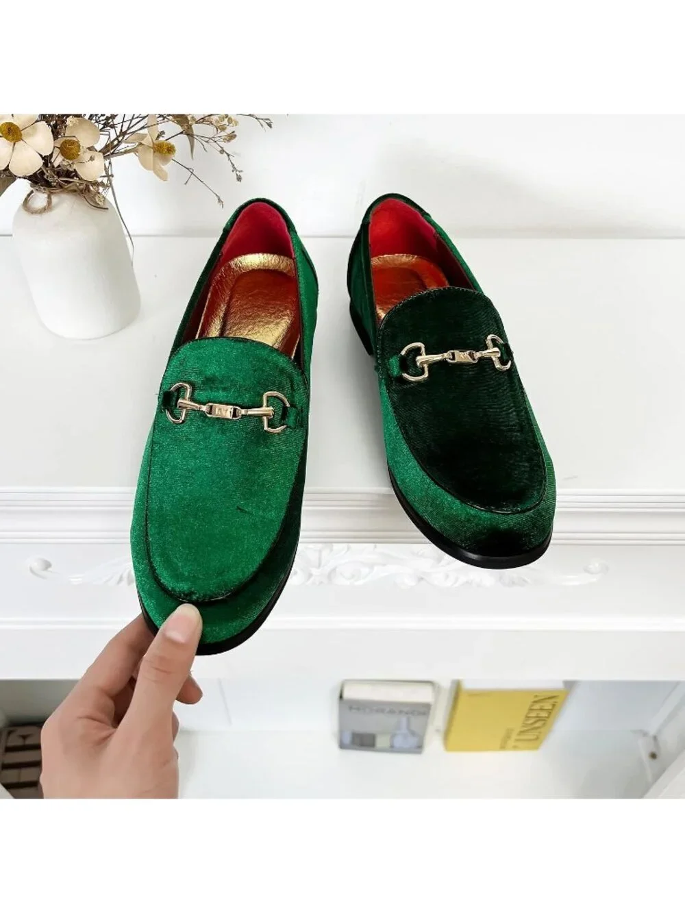 LCQL Men's Grass Green Leather Velvet Loafer Gold Buckle Slip On Luxury Shoes